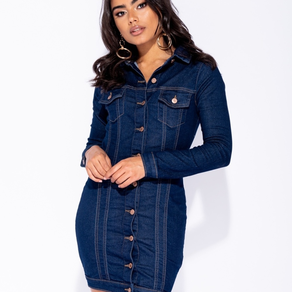 Button Front Long Sleeve Stretch Denim Dress